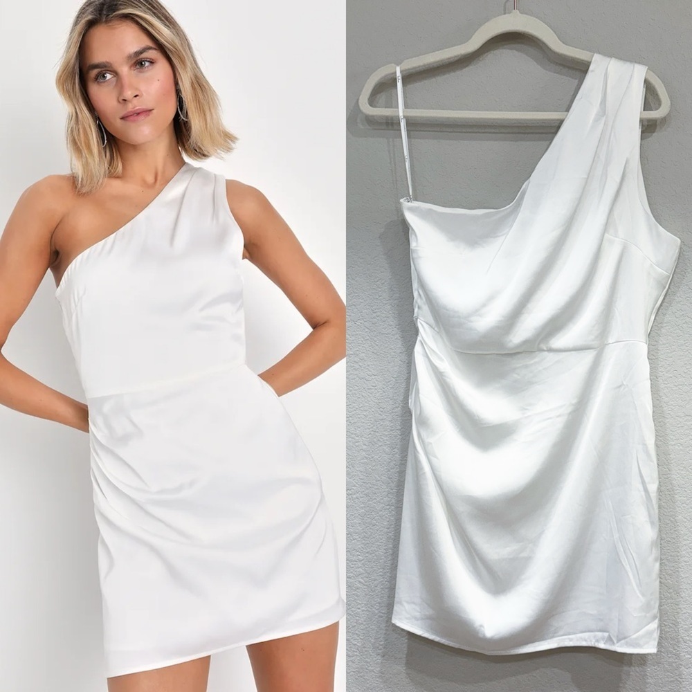 NWOT Lulus Love Me Tonight White Satin One-Shoulder‎ Mini Dress